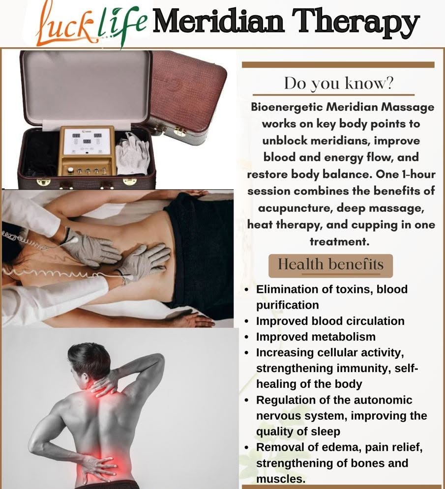 Luck Life Meridian Therapy treatment poster showing massage therapy and health benefits
